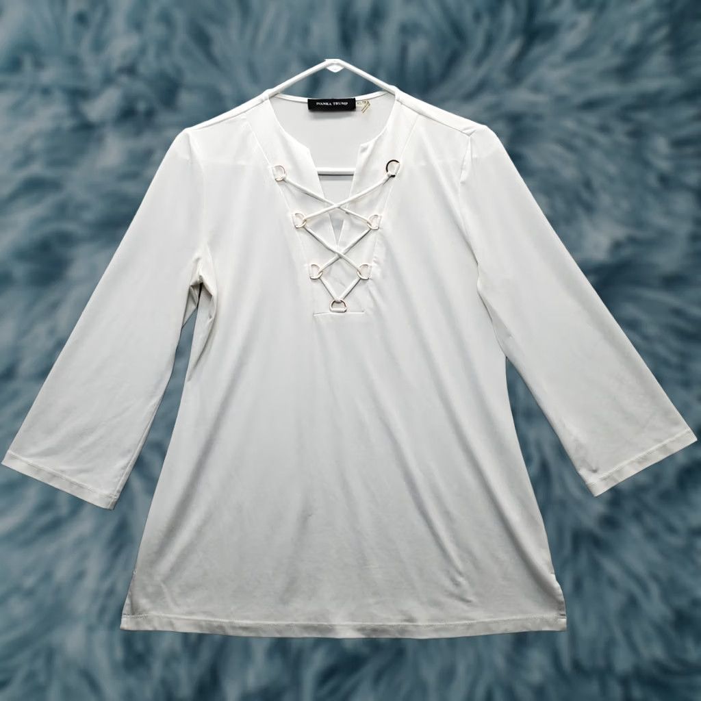 Vintage Ivanka Trump Blouse Womens XS White Long Sleeve V Neck Slit Lace Up Detail Shirt Womens Size XS White Ivanka Trump Blouse Size XS / US 0-2 / IT 36-38 - 1 Thumbnail