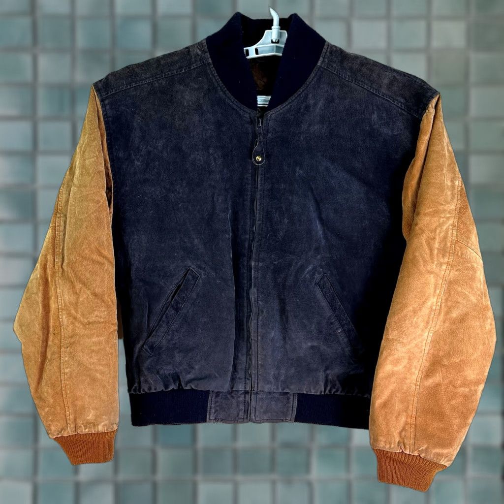VINTAGE New Zealand Outback Leather Varsity Jacket Mens M Blue Tan Jacket Mid-Length Brown NZO Sports College Outdoor Baggy Fit Mens