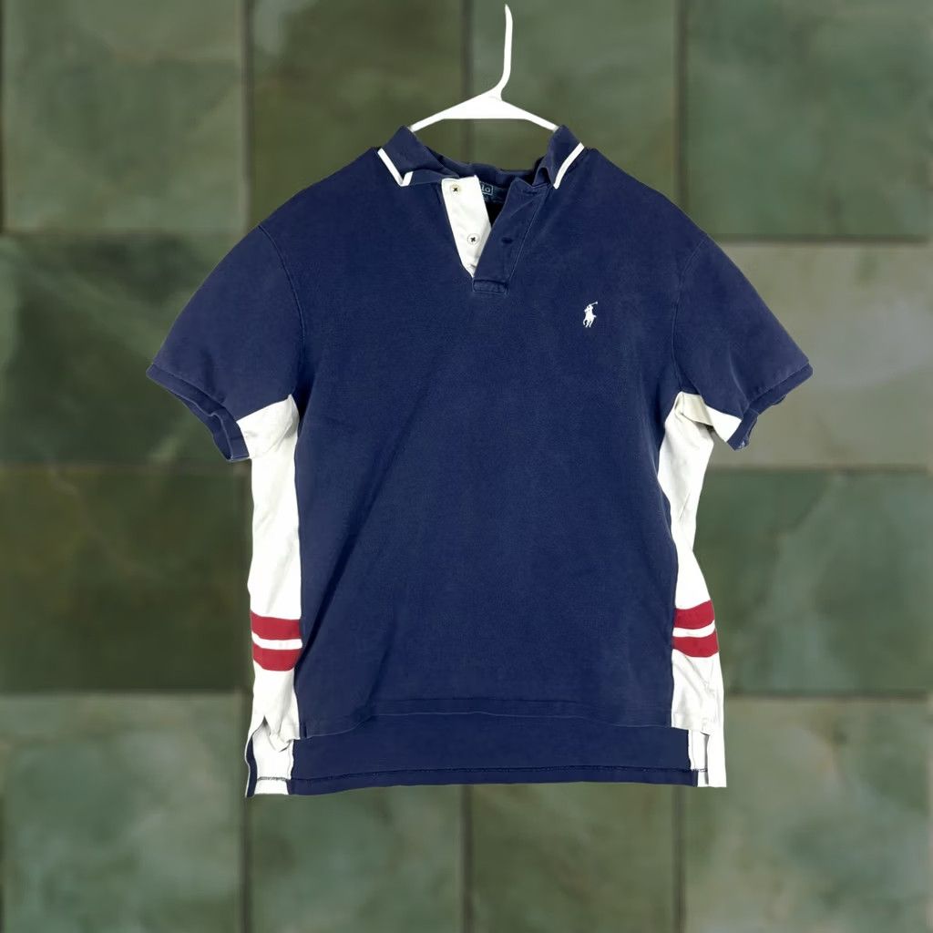 Polo Ralph Lauren VINTAGE Polo Ralph Lauren Polo Shirt Mens XL Navy White Custom Fit Red Stripes Short Slv Size US XL / EU 56 / 4 - 1 Thumbnail
