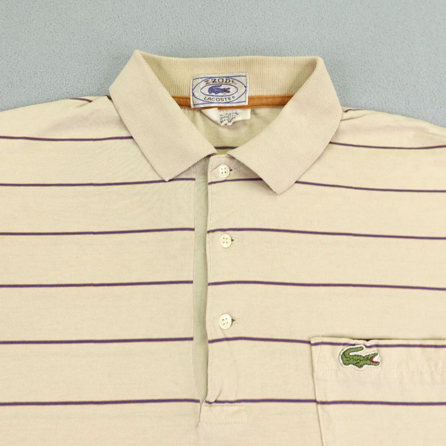 Lacoste VINTAGE Lacoste Polo Shirt Mens Large Beige Striped 70s Crocodile Logo Preppy Size US L / EU 52-54 / 3 - 2 Thumbnail