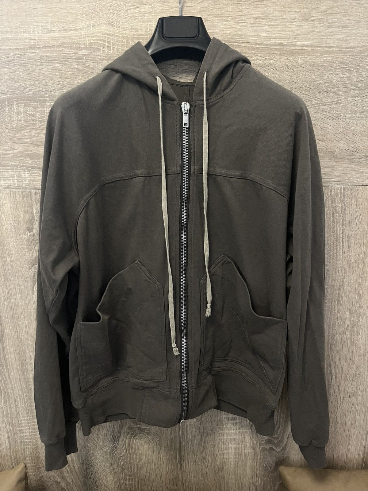 rick owens fogachine ss22 zip up hoodie in beige sand