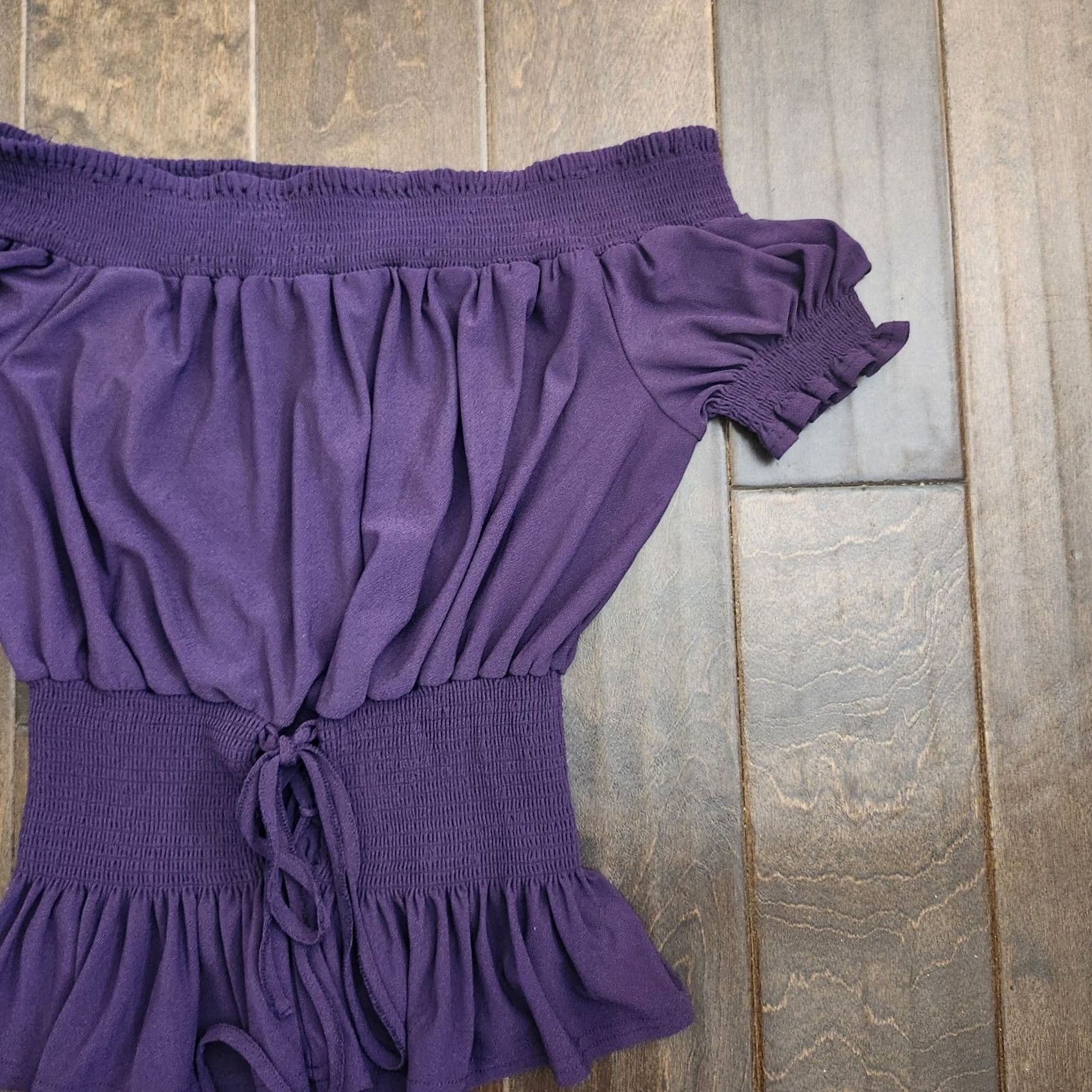 Vintage Sweet Wanderer Purple off Shoulder Top Short Sleeve L Juniors Elastic Waist Zig Zag Laced Up Bow Tie Blouse Size L / US 10 / IT 46 - 3 Thumbnail