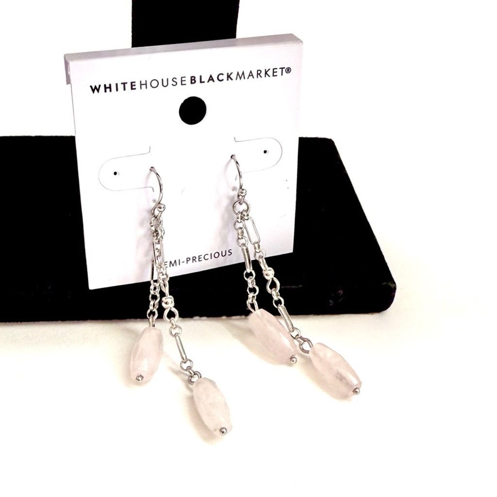 White House Black Market WHBM Silver Rose Quartz & Crystal Dangle Earrings NWT Size ONE SIZE - 1 Thumbnail