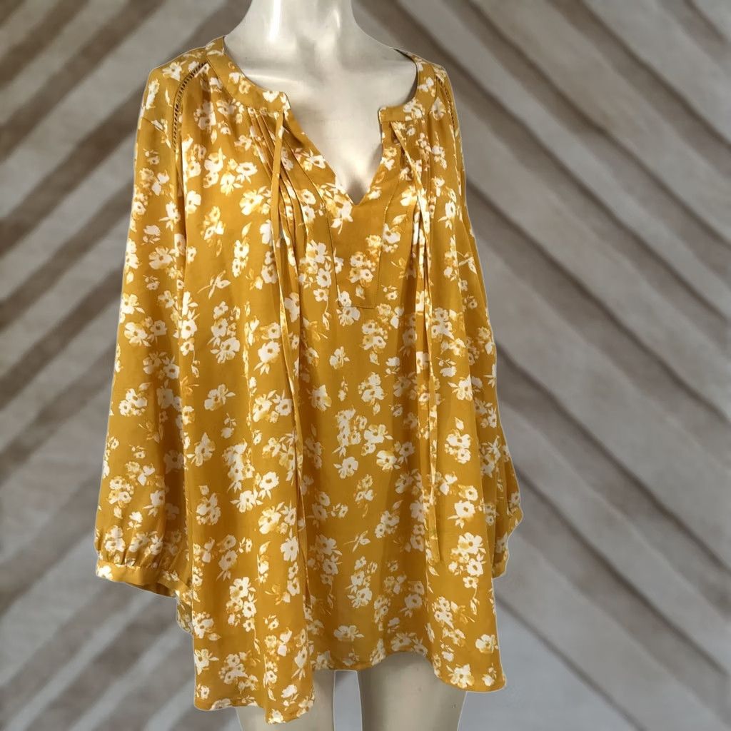 Vintage ZAC & RACHEL BLOUSE Women's 3X Long Sleeve V-Neck Mustard Floral Polyester Top Size XXL / US 16-18 / IT 52-54 - 1 Thumbnail