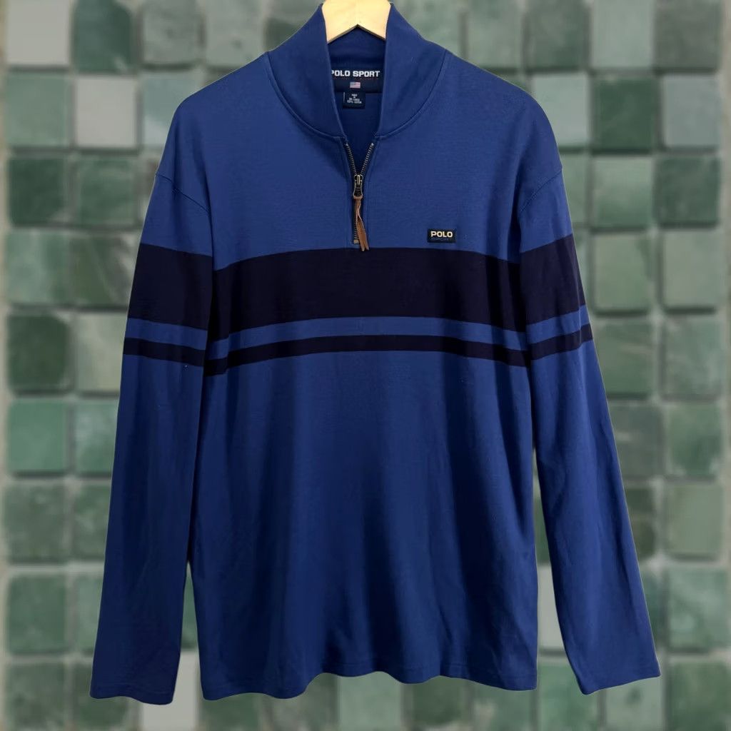 Polo Ralph Lauren POLO SPORT Ralph Lauren Sweatshirt L Striped 1/4 Zip Pullover Cotton Blue Mens Size US L / EU 52-54 / 3 - 1 Thumbnail