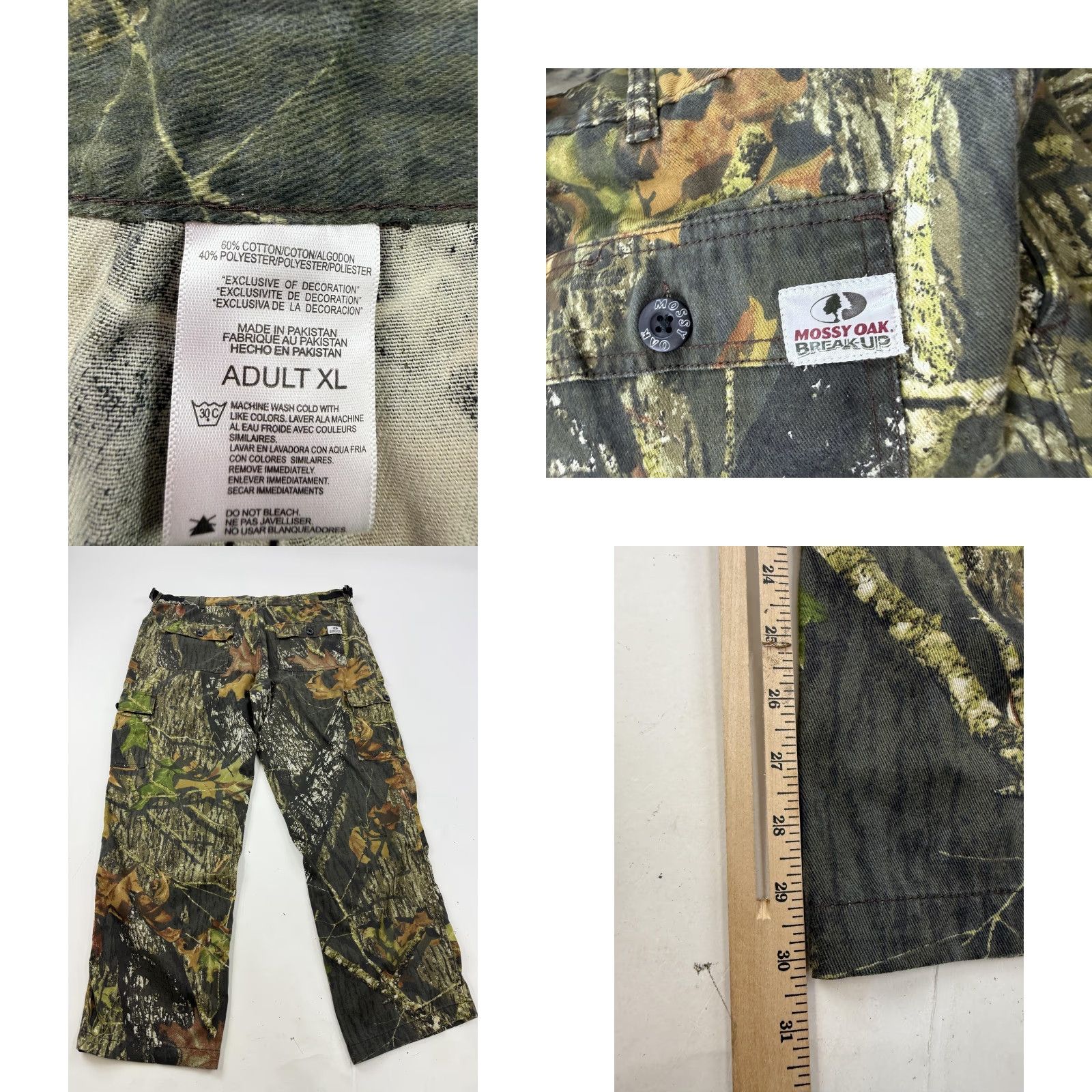 Vintage Mossy Oak Break-Up Mens Cargo Pants 42x30 Camouflage Green Adjustable Waist Pockets Workwear Outdoor Hunting Size US 36 / EU 52 - 8 Thumbnail
