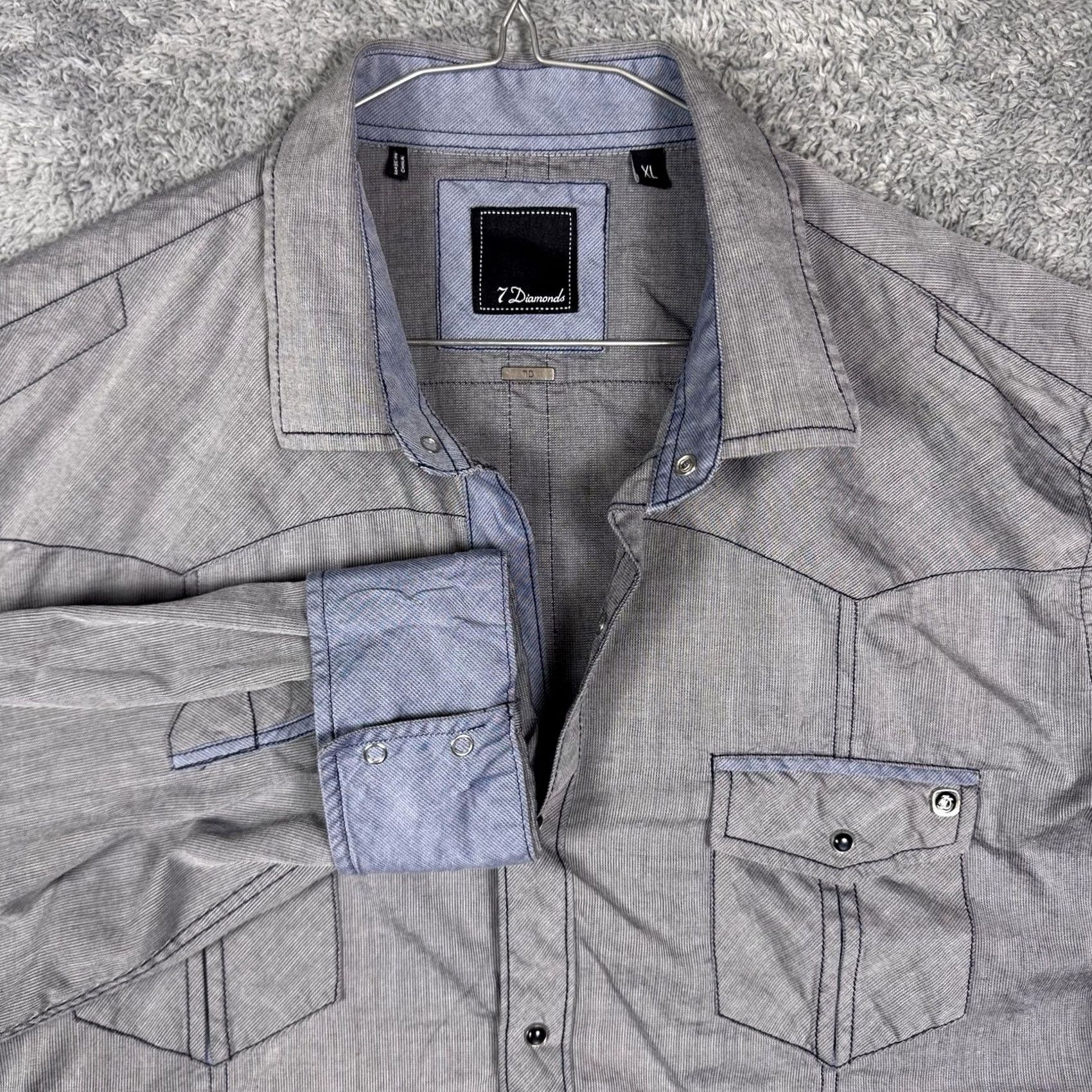 Vintage 7 Diamonds Shirt Mens XL Western Pearl Snap Flip Cuff Long Sleeve Gray Size US XL / EU 56 / 4 - 2 Thumbnail