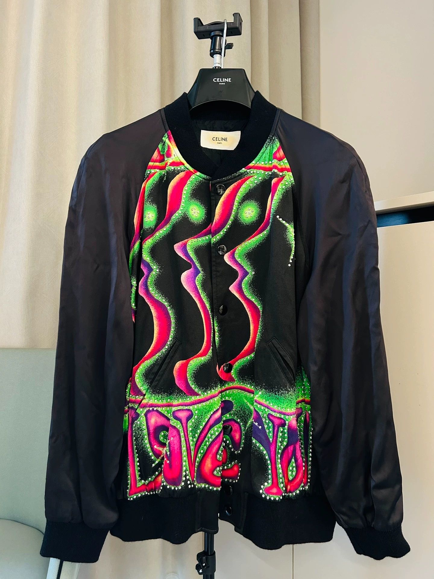 CELINE Hedi Slimane Rock Crystal Silk Cyberpunk Baseball Jkt