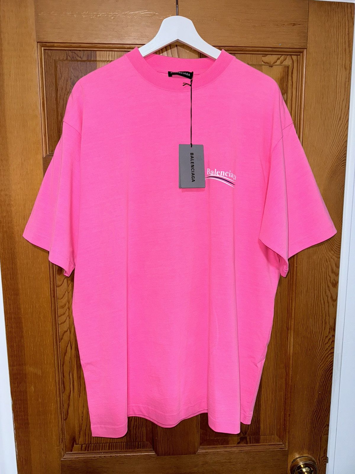 image of Balenciaga Printed Political Campaign T-Shirt $695 in Pink, Men's (Size Small)