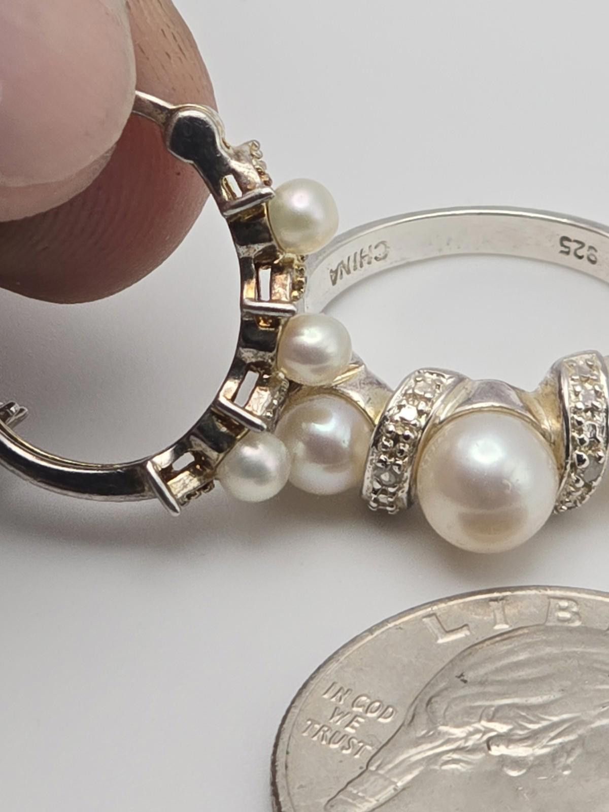The Unbranded Brand Sterling Silver Ring Hoop Earrings Set with Real Pearls 6.75 Size ONE SIZE - 7 Thumbnail