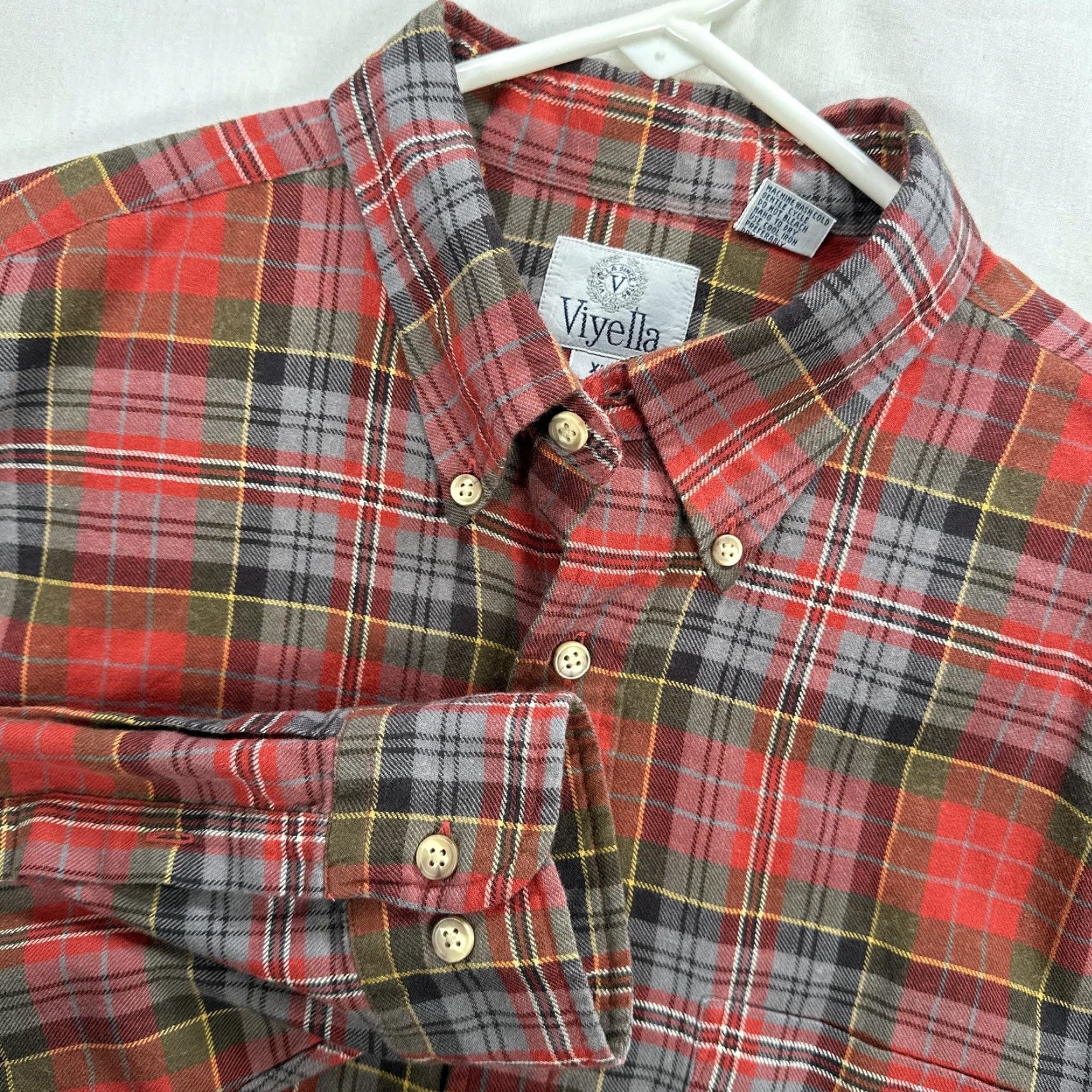 VINTAGE Viyella Flannel Shirt Mens XL Red Plaid Button-Down Wool Blend 90s