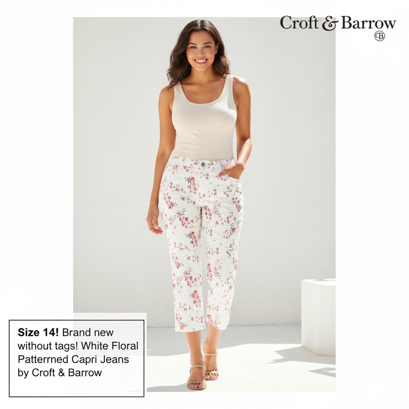 Croft & Barrow Croft & Barrow White Floral Patterned Capri Jeans Size 14 Size 34" / US 12 / IT 48 - 2 Thumbnail