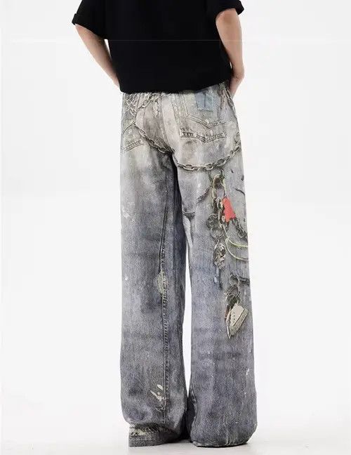 Other New 3D Chain Graphic Printed Baggy Jeans Unisex Size US 33 - 2 Thumbnail