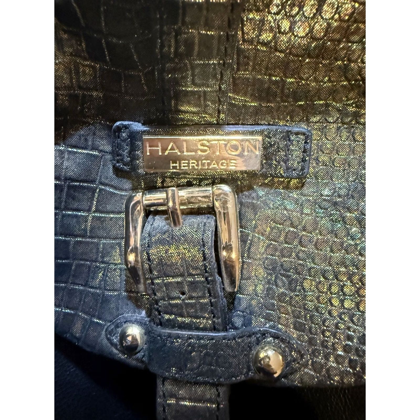 Halston VINTAGE Halston Y2K Large Black Gold Handbag Shoulder Bag Women Adults Large Black Gold Zipper Pull Missing Inside Leather 90s Style Size ONE SIZE - 3 Thumbnail