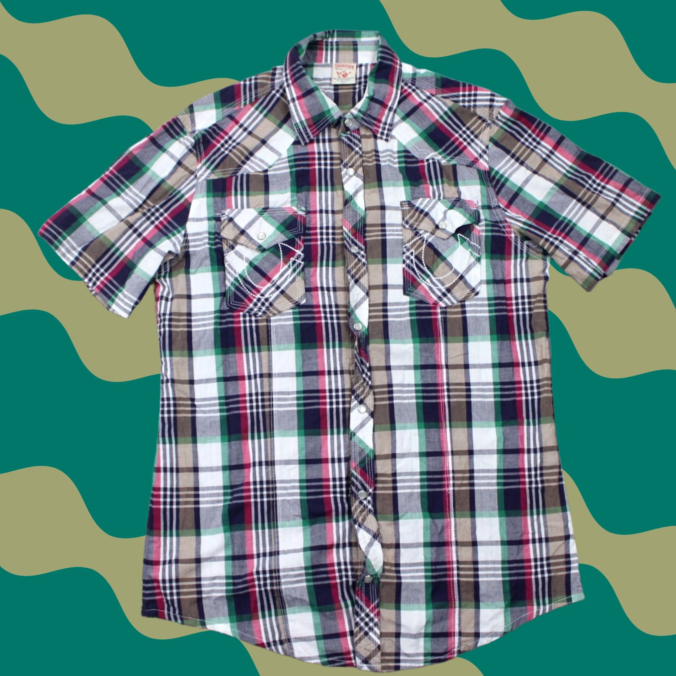 True Religion True Religion Shirt Mens 2XL Plaid Button-Up Snap Short Sleeve Red Green White Gray Cotton 100% Cotton Western Cowboy Vintage No Size US XXL / EU 58 / 5 - 1 Thumbnail