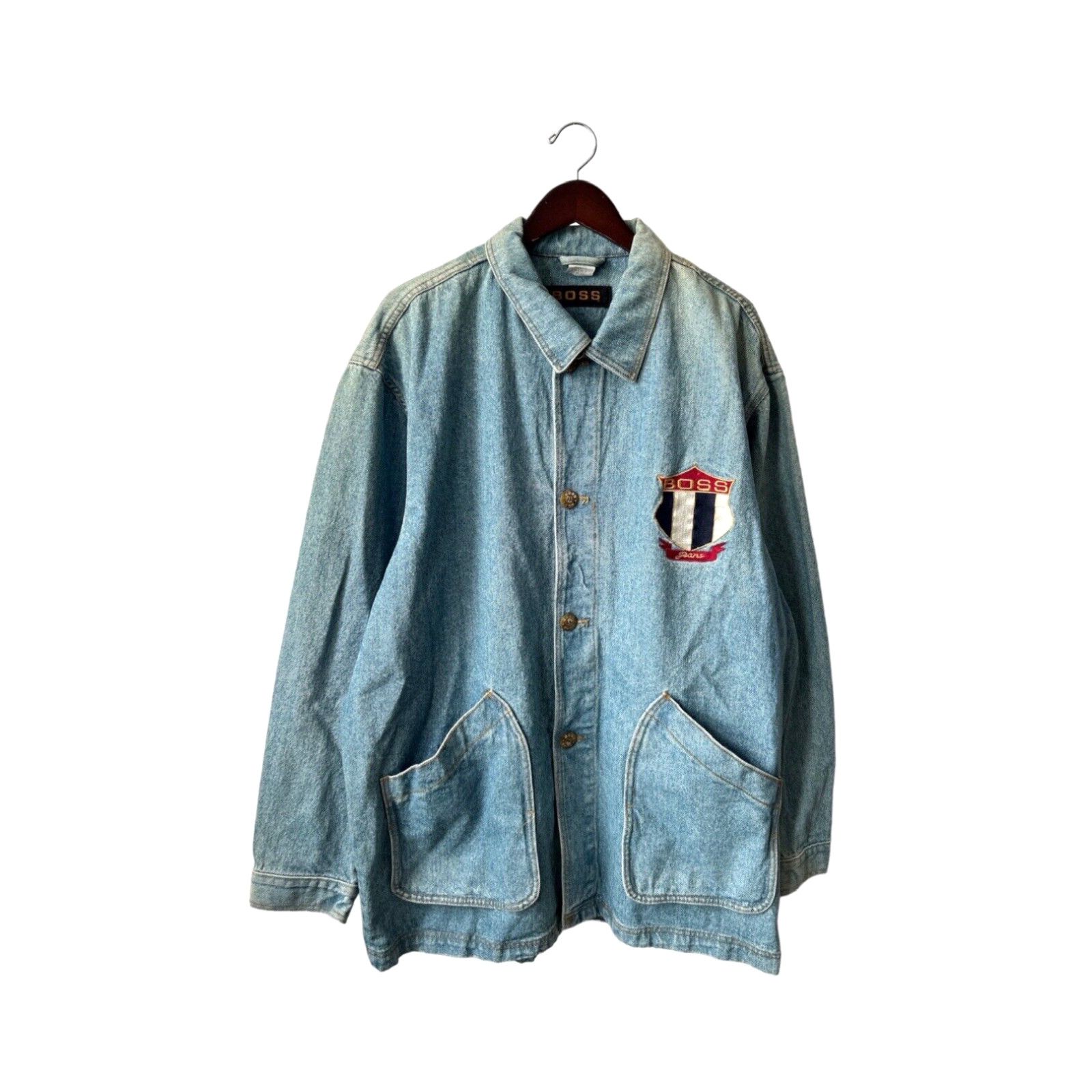 image of Vintage Boss Shield Denim Jean Jacket Mens Size XL Deadstock NWT 90's in White