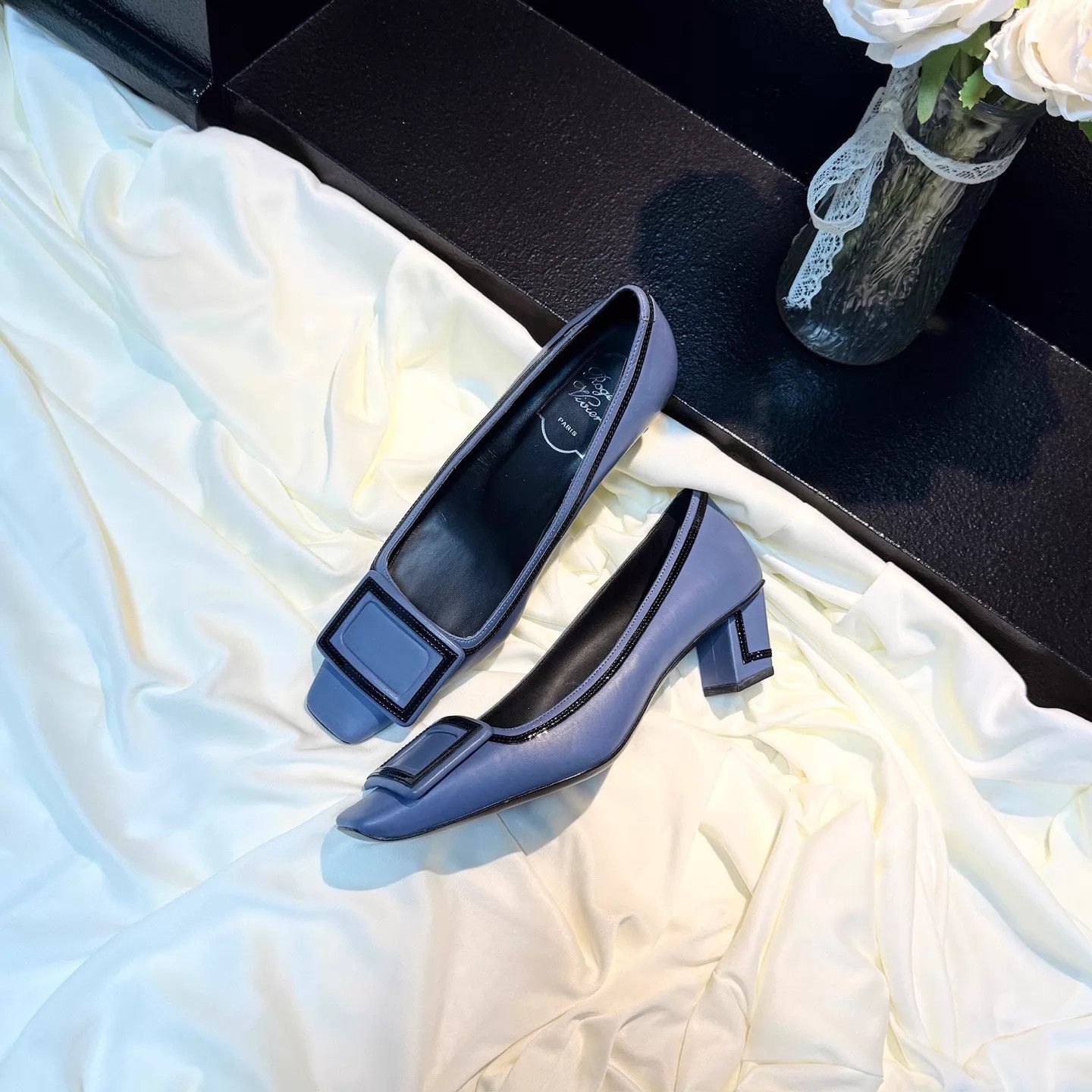 Roger Vivier RV black & blue square buckle pumps 36 new Size US 5.5 / IT 35.5 - 1 Thumbnail