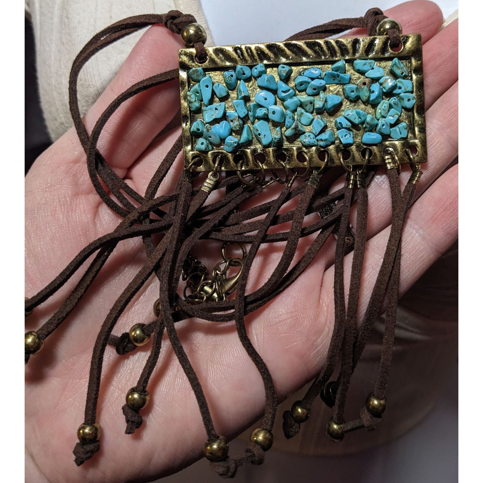 Other Southwestern Suede Turquoise Chip Fringe Pendant Necklace Size ONE SIZE - 7 Thumbnail