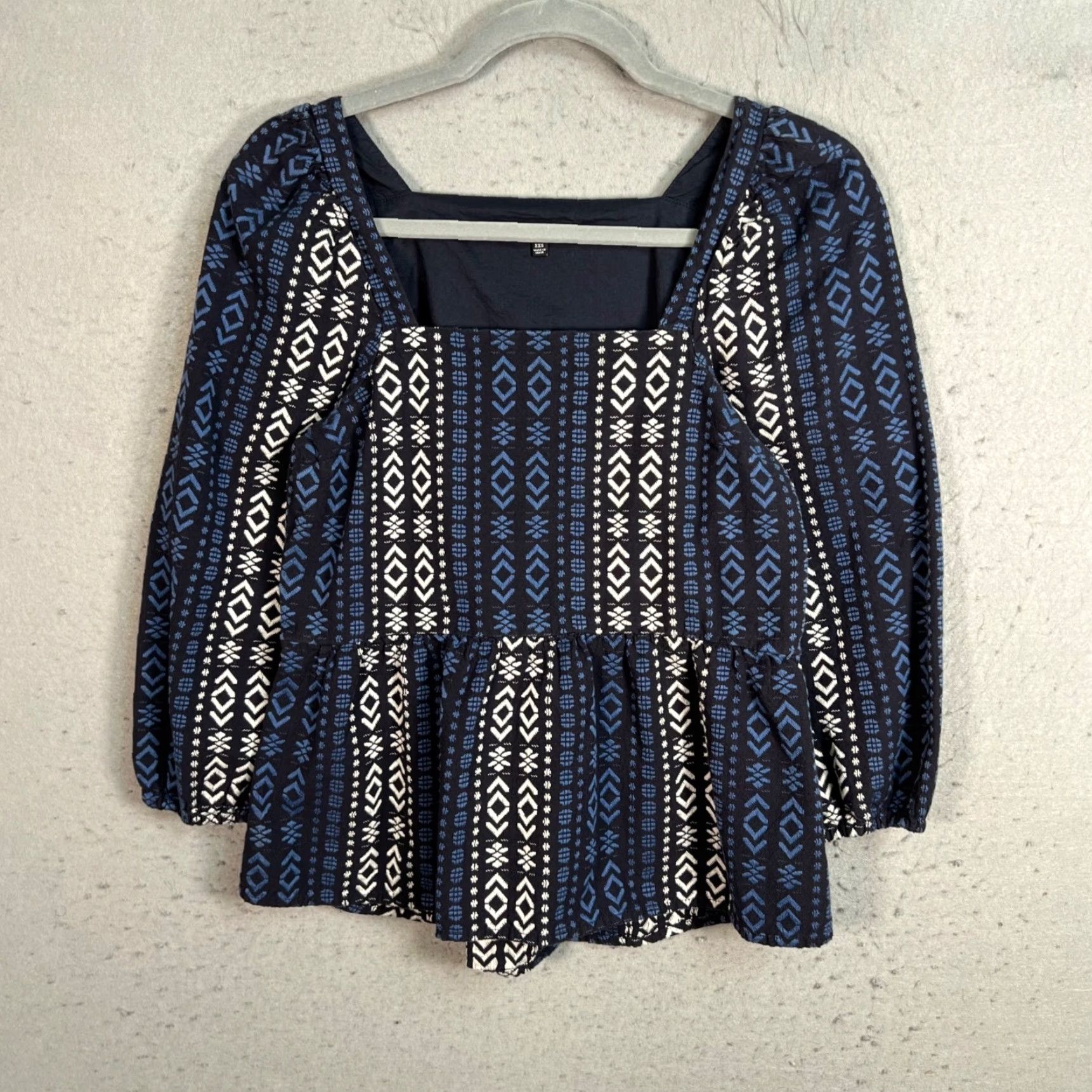 Madewell VINTAGE Madewell Blouse Womens XXS Blue & White Cotton Peplum Tribal Design Shirt Size XXS / US 00 / IT 34 - 2 Thumbnail