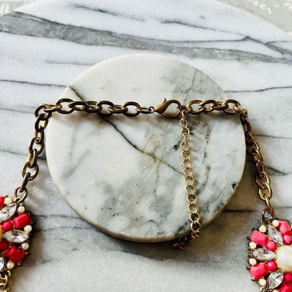Jewelry Glam Statement Necklace Coral Red Faux Pearl Round Link Size ONE SIZE - 5 Thumbnail