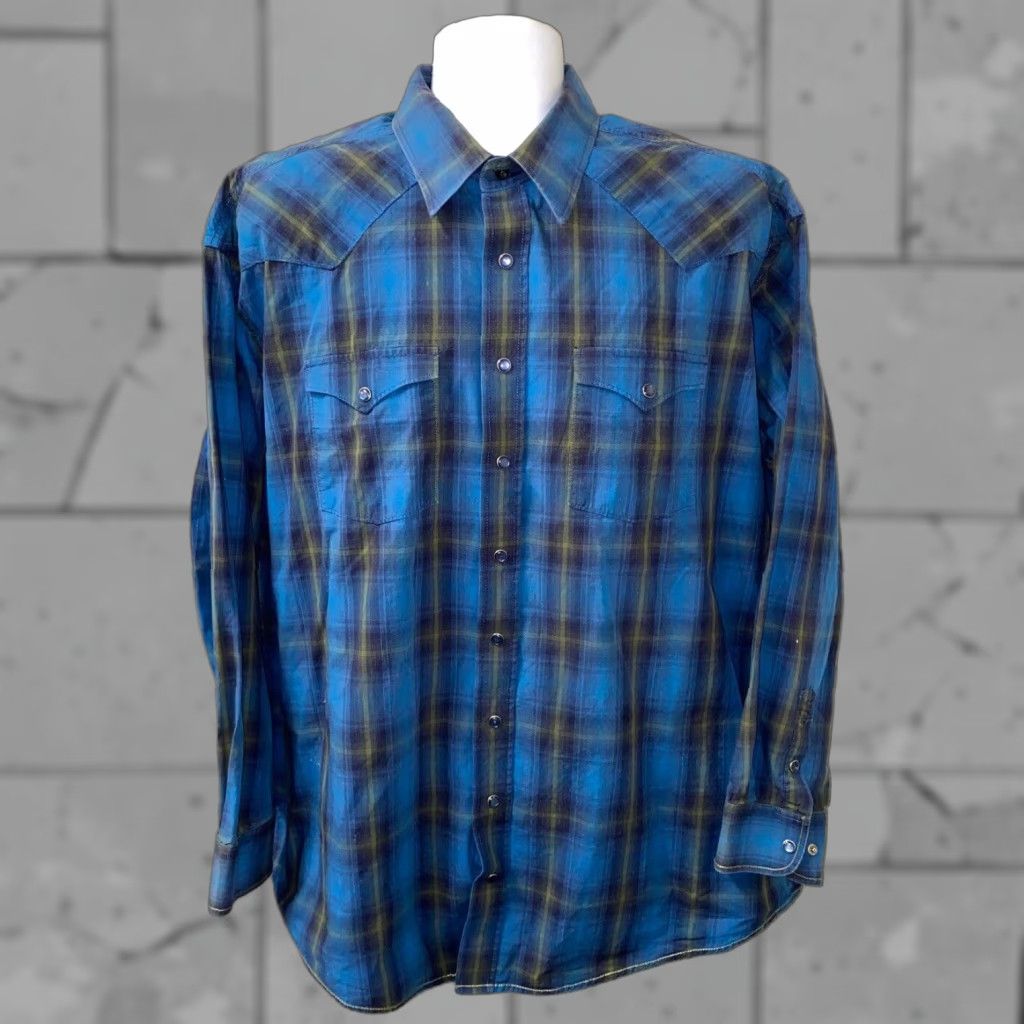 Vintage Panhandle Rough Stock Shirt Men 2XL Plaid Long Sleeve Snap Button Casual Blue/Green Size US XXL / EU 58 / 5 - 1 Thumbnail