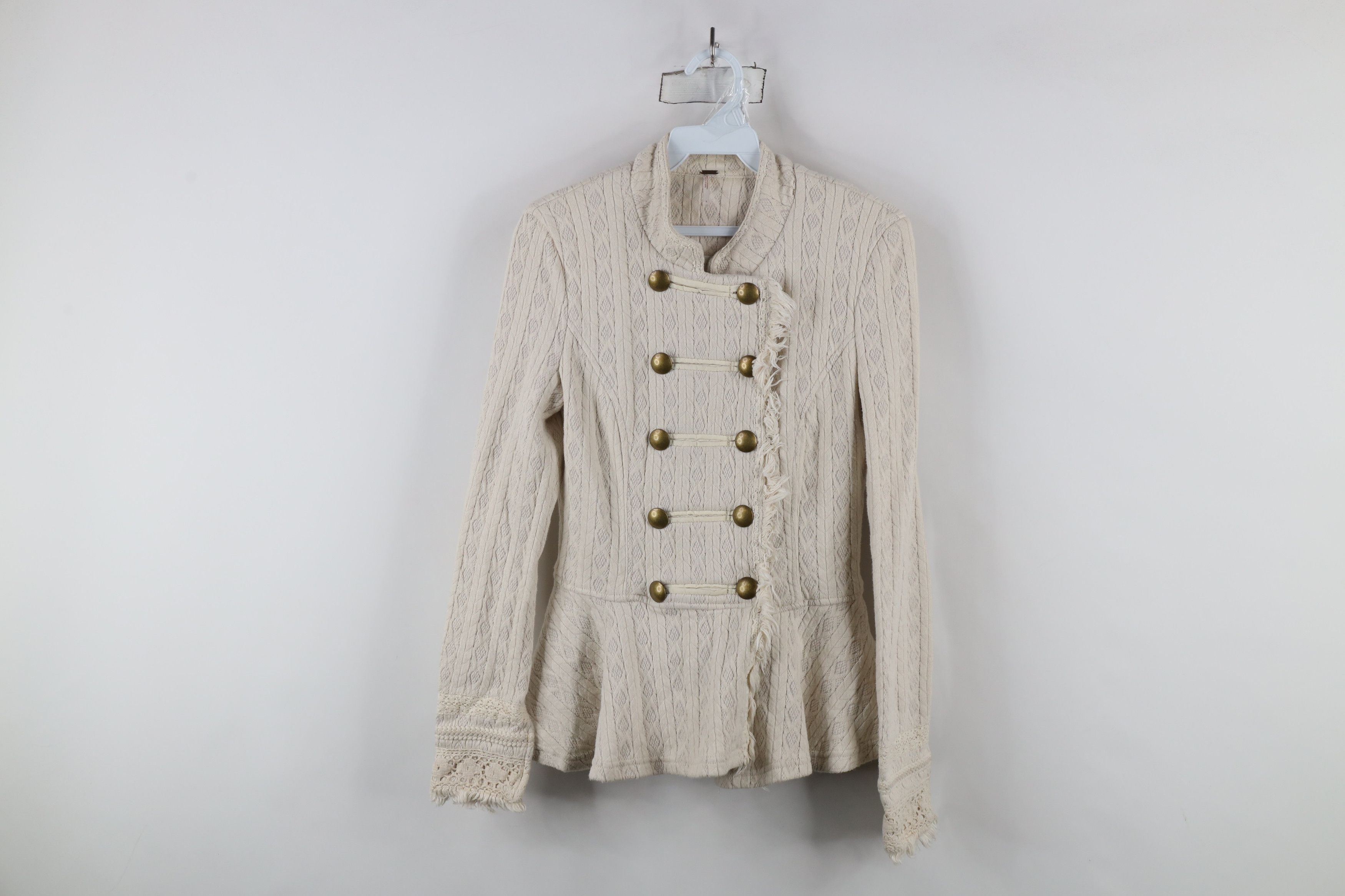 Free People × Vintage Free People Style Fringed Ruffled Knit Sweater Jacket Cream Size XS / US 0-2 / IT 36-38 - 1 Thumbnail