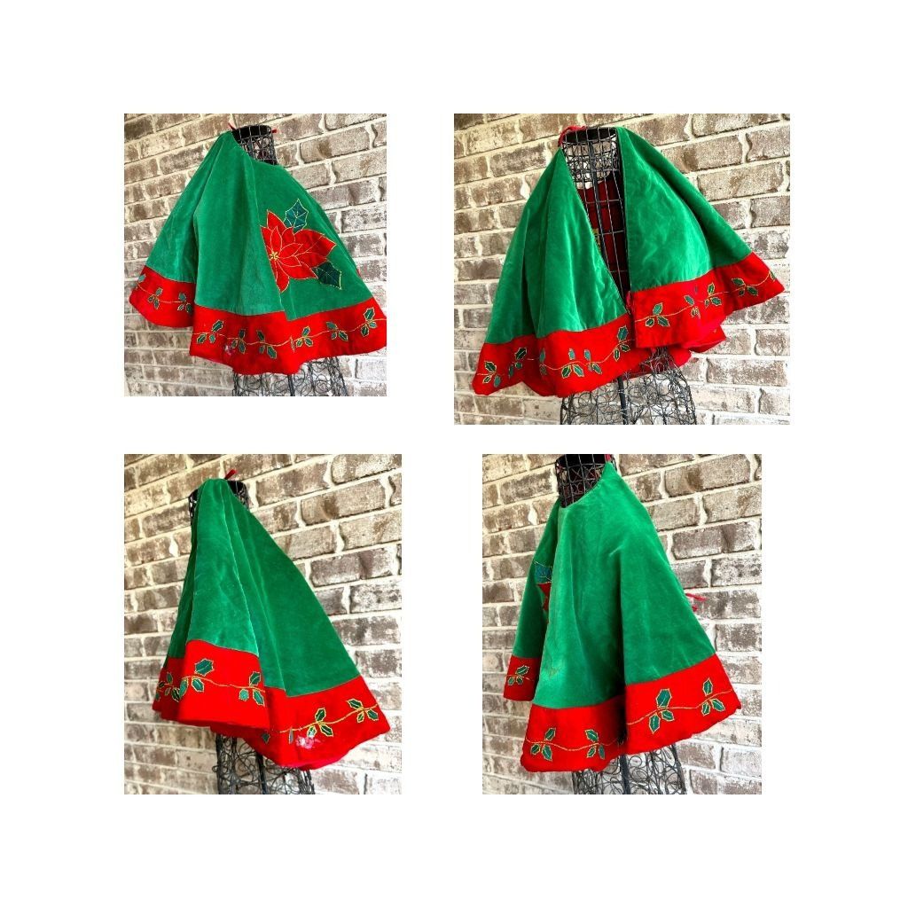 Vintage VTG Poinsettia Christmas Tree Skirt Red Green Holly Embroide Size ONE SIZE - 3 Thumbnail