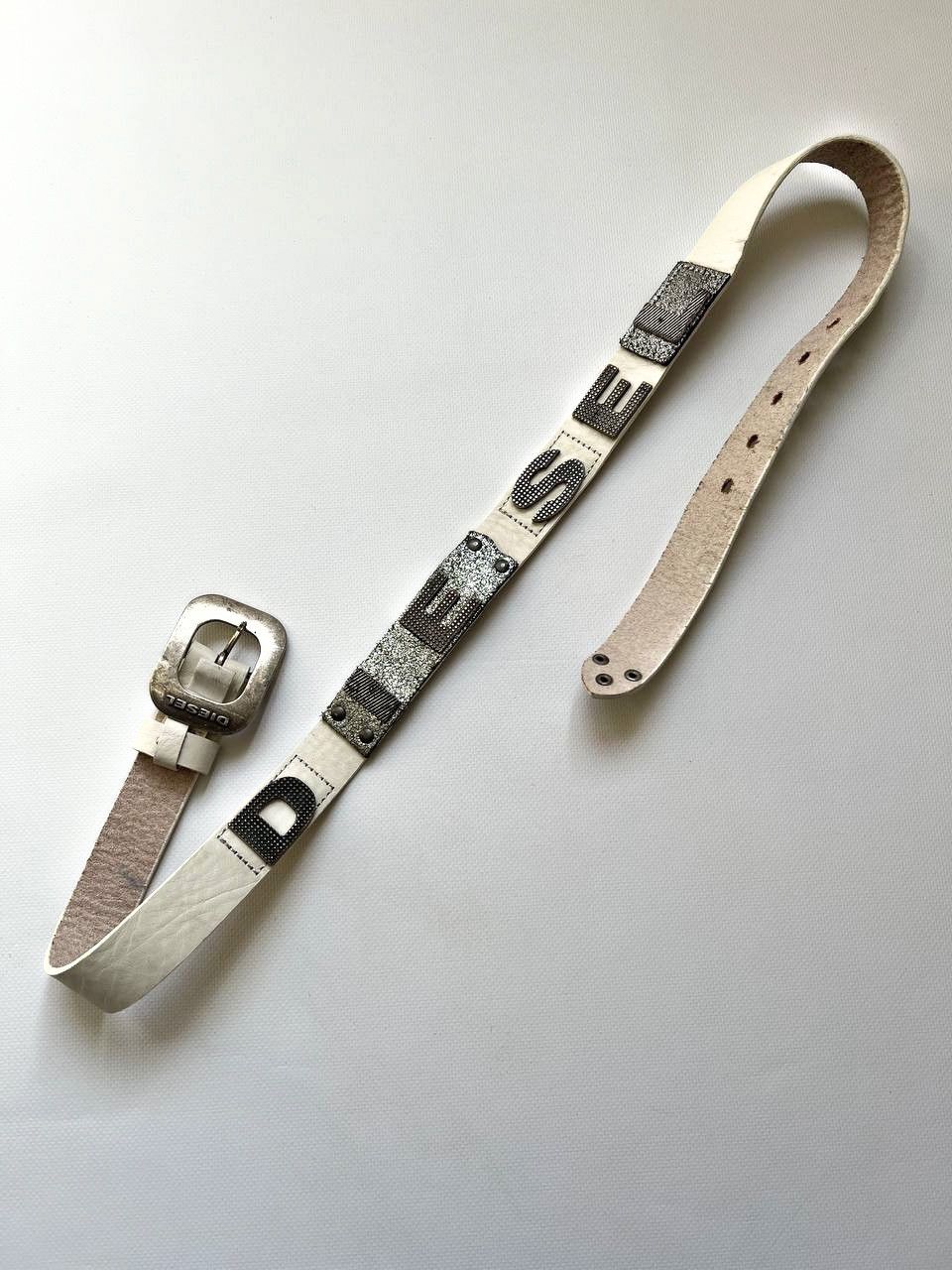 Diesel big logo letters leather belt two tone distressed y2k