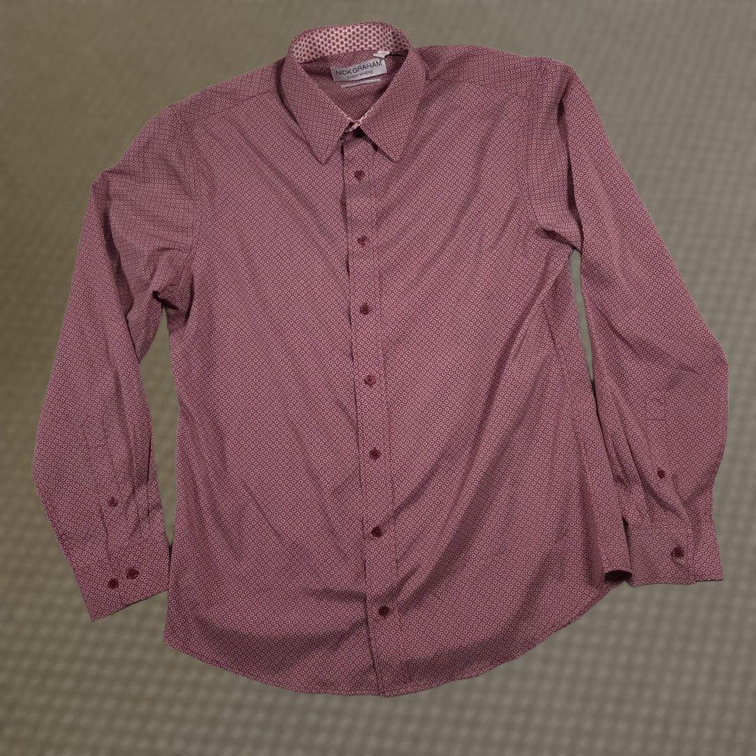 Vintage Nick Graham Dress Shirt Mens Large Red Geometric Stretch Modern Fit Long Sleeve Size 42R - 1 Thumbnail