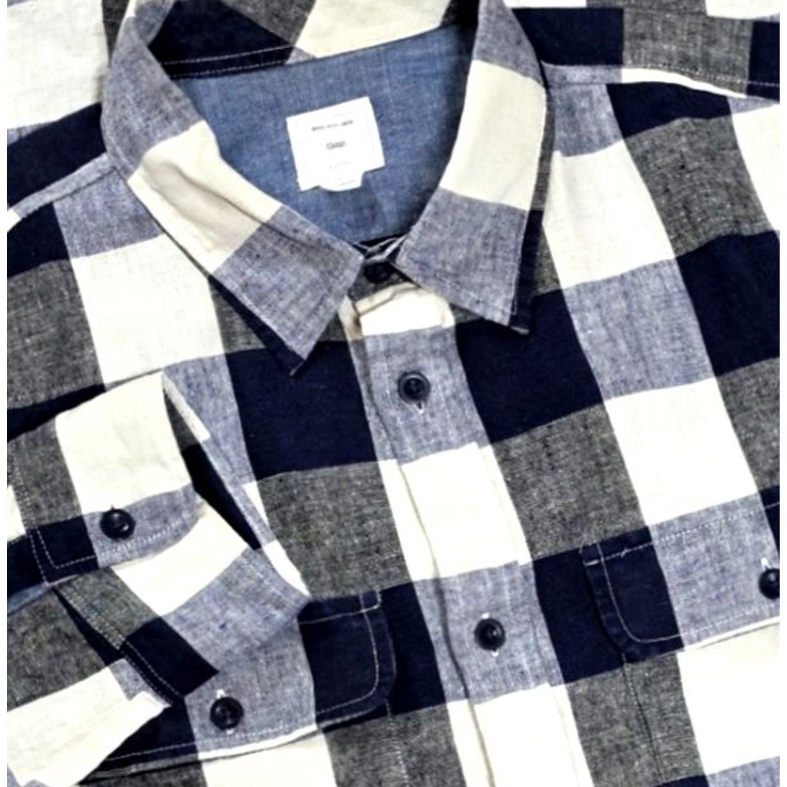 Gap Gap Button-Up Shirt Linen Blend Long Sleeve Blue White Check Gingham (L) Mens Casual Shirt Size US L / EU 52-54 / 3 - 2 Thumbnail