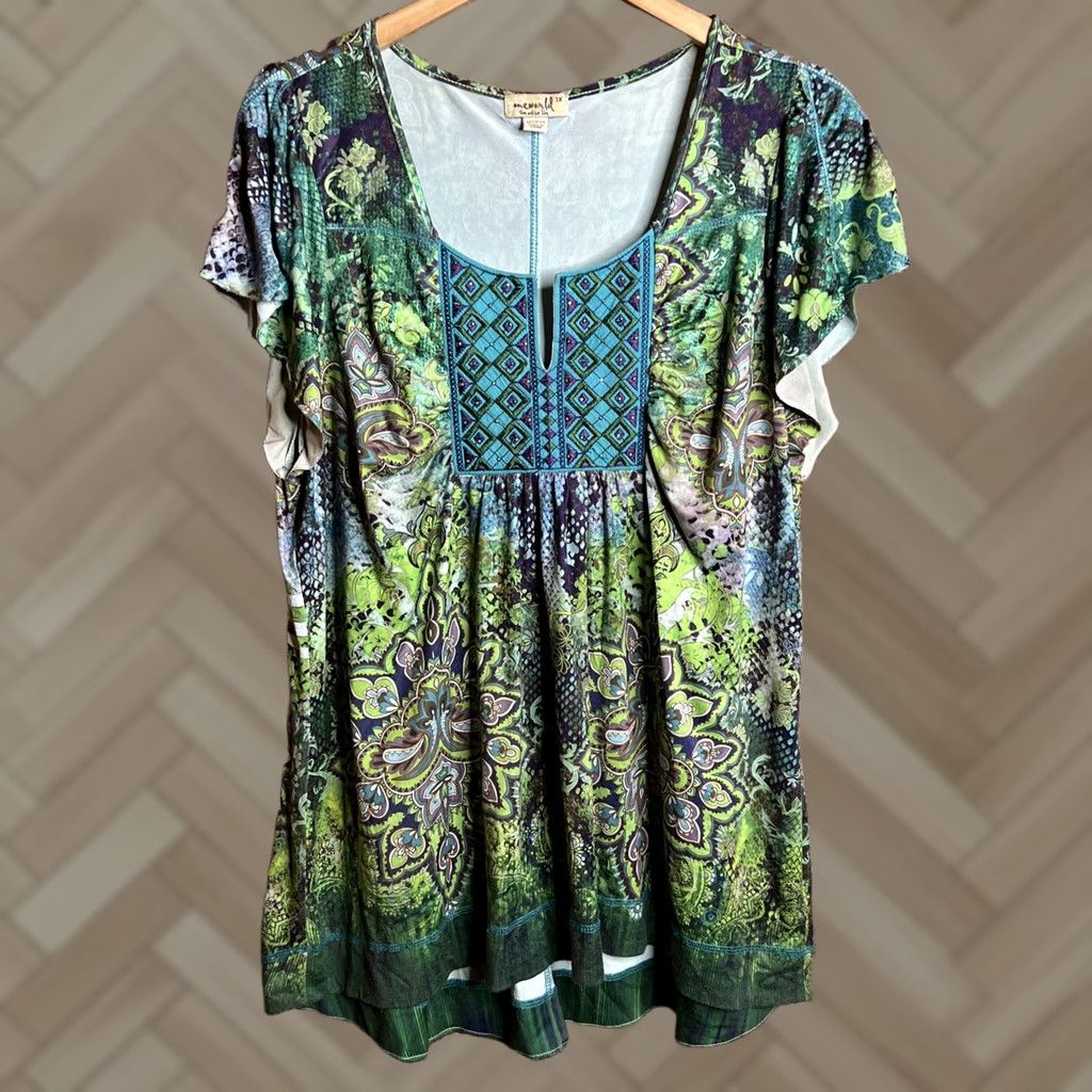 Vintage One World Plus 1X Floral Printed Sublimation Top Green Short Sleeve V-Neck Blouse Womens Size XL / US 12-14 / IT 48-50 - 1 Thumbnail