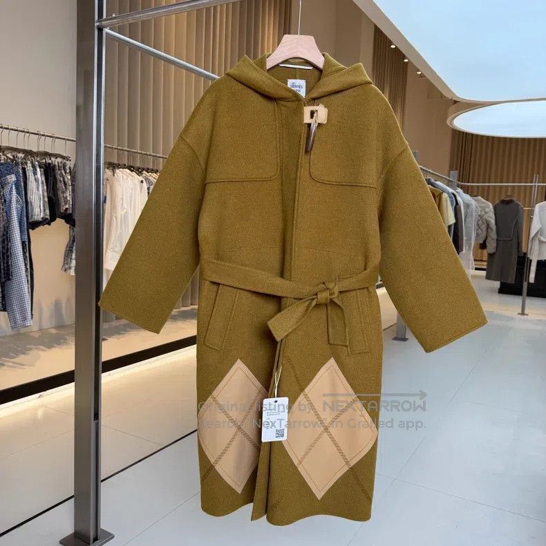 Hermes College Style Patch Leather Hooded Mid-Length Coat