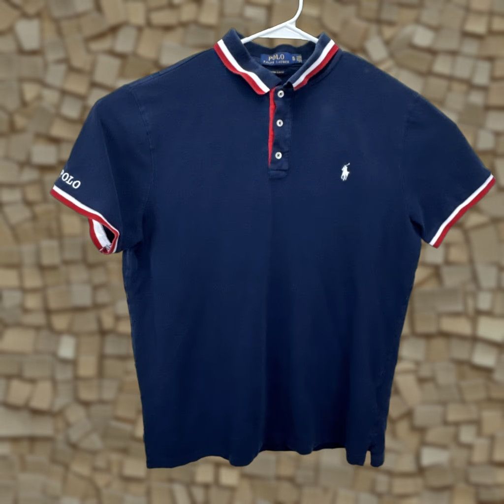 Polo Ralph Lauren VINTAGE Polo Ralph Lauren Mens XL Slim Fit Polo Shirt Navy Short Sleeve Cotton Classic Striped Embroidered Logo Size US XL / EU 56 / 4 - 1 Thumbnail