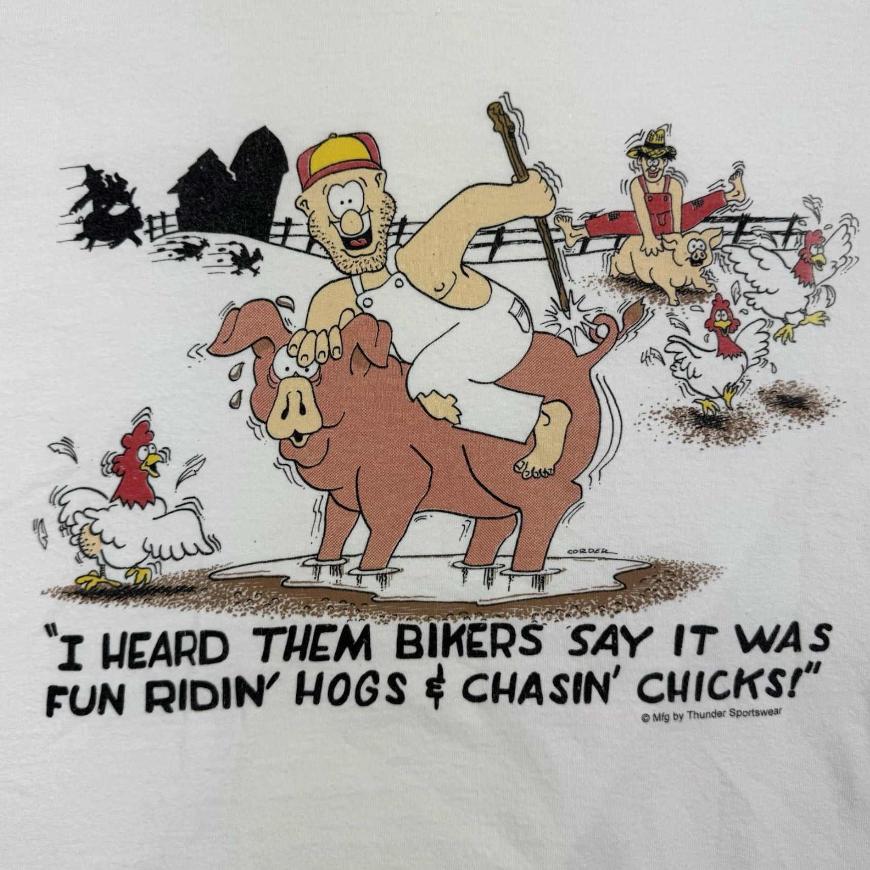 Fruit Of The Loom VINTAGE Funny Redneck T Shirt Adult XL Riding Hogs Chasing Chicks Bikers Humor Shirt Mens XL White Graphic Print Size US XL / EU 56 / 4 - 2 Thumbnail