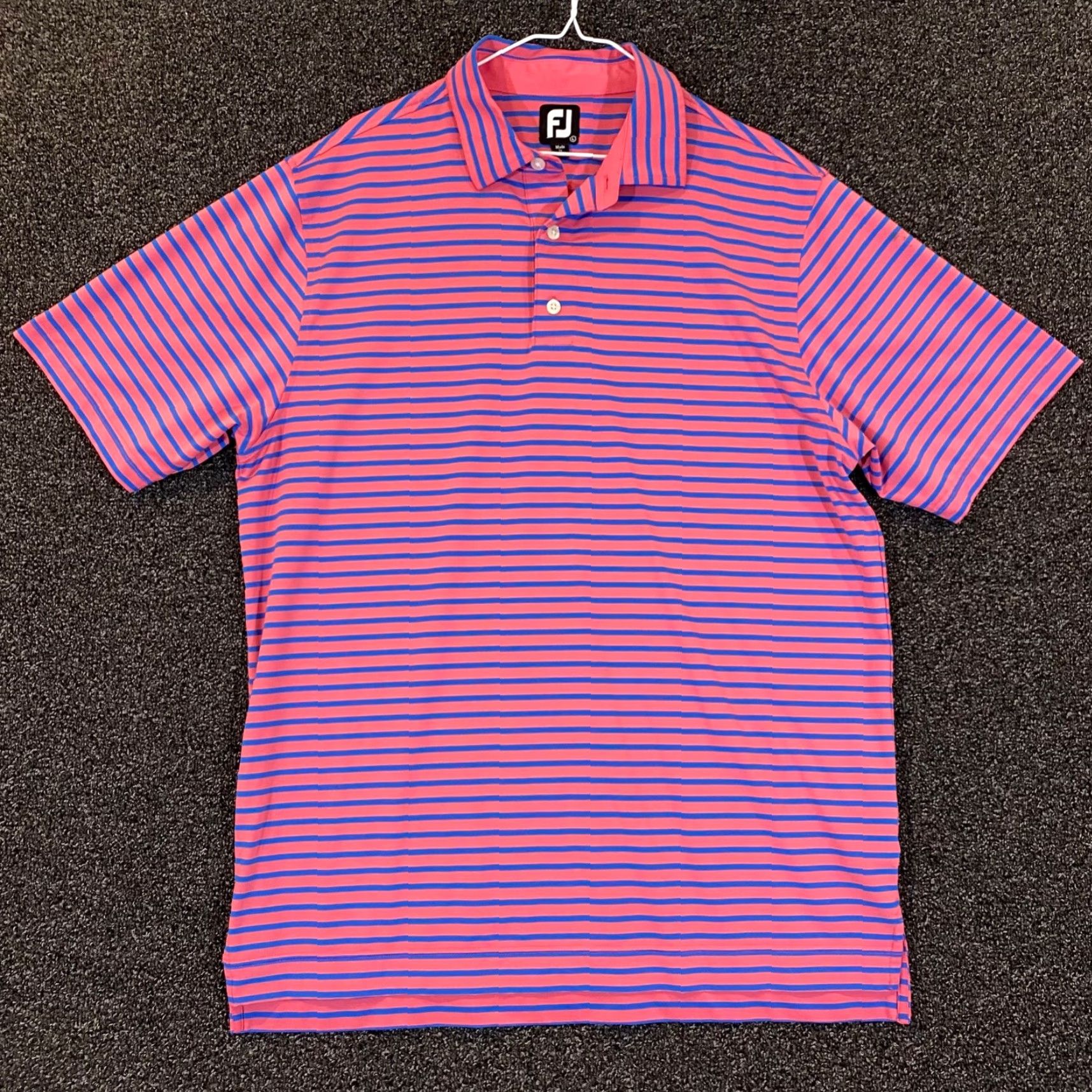 Footjoy FootJoy Polo Shirt Mens Large Pink Blue Striped Golf Performance Stretch Sport S/S Size US L / EU 52-54 / 3 - 2 Thumbnail