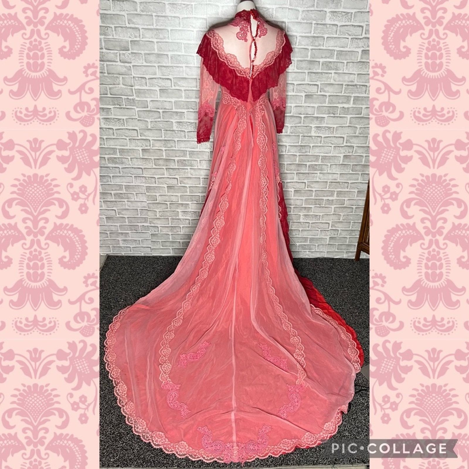 Vintage 70s Victorian illusion lace ruffle pink red wedding dress Size M / US 6-8 / IT 42-44 - 14 Thumbnail