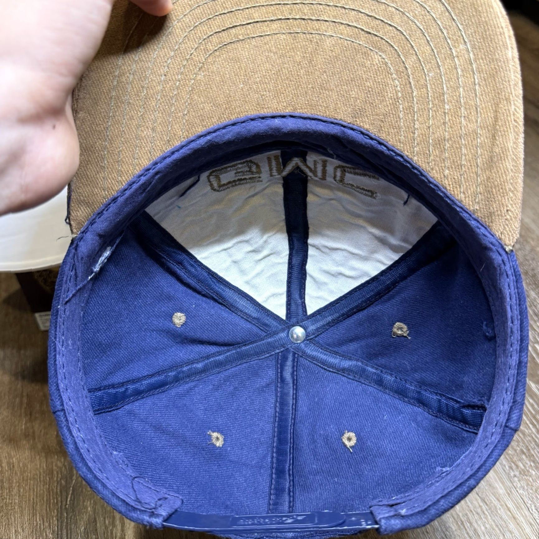 Vintage VINTAGE General Motors Company GMC Snapback Hat Navy Blue Suede Brown Tan 80s Swingster Men One Size Blue Car Dad Snapback Hats Mens Size ONE SIZE - 7 Thumbnail