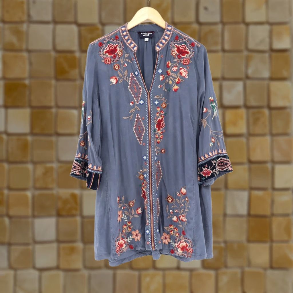 Johnny Was Johnny Was Workshop Embroidered Silk Tunic Mini Dress 3/4 Sleeve Velvet Cuffs M Size M / US 6-8 / IT 42-44 - 1 Thumbnail