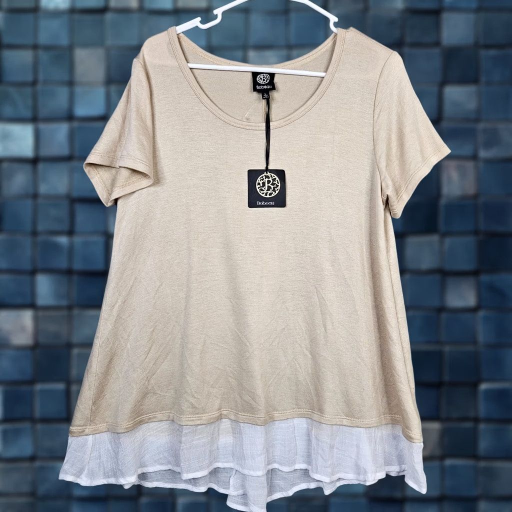Vintage Bobeau Top Shirt Women L Beige Round Neck Short Sleeve Button Back Size L / US 10 / IT 46 - 1 Thumbnail