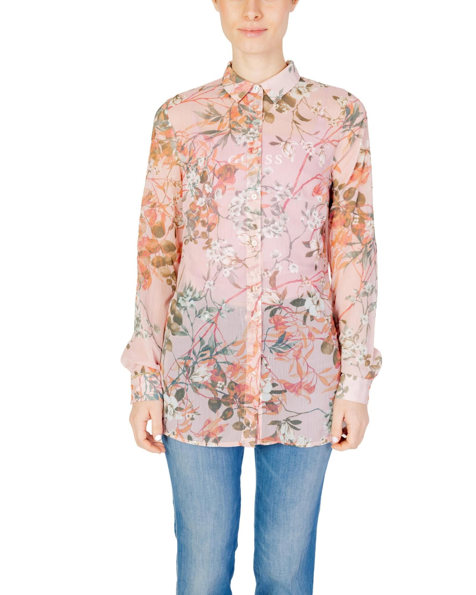 image of Guess Floral Long Sleeve Classic Shirt in Pink, Women's (Size XS)