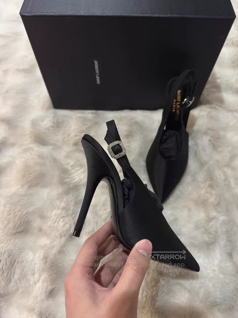 Saint Laurent Paris Saint Laurent Paris Black Satin Crystal Rhinestone High He Size US 5.5 / IT 35.5 - 4 Thumbnail
