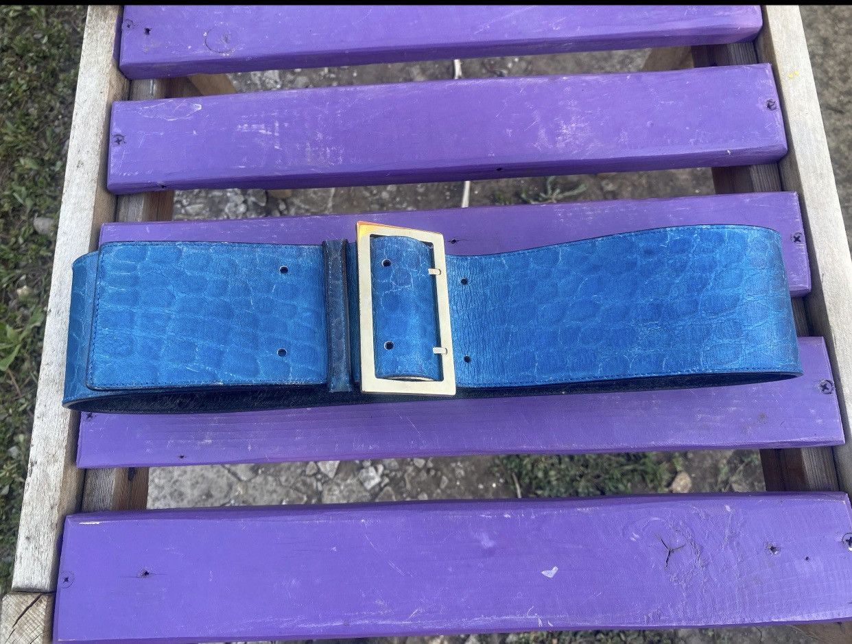 Versace Vintage Wide Blue Belt by Gianni Versace, 7cm, Croc-Embossed Size ONE SIZE - 2 Thumbnail