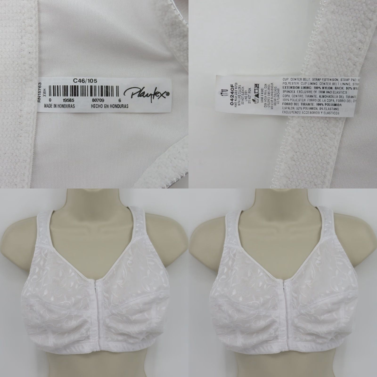 Vintage Playtex 46C Bra White Leaf Front Close No Wire Wireless Unlined Women Plus Size T-Shirt Bra Size ONE SIZE - 8 Thumbnail