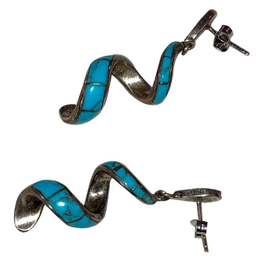 Designer Mexican Sterling Turquoise Spiral Drop Dangle Earrings Size ONE SIZE - 4 Thumbnail