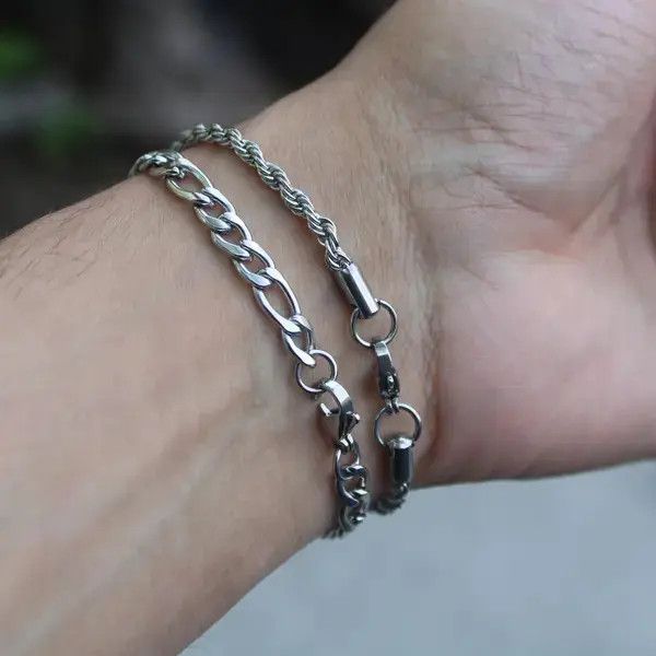 Jewelry Silver 5mm Figaro Link & 3mm Rope Bracelet Set Size ONE SIZE - 5 Thumbnail
