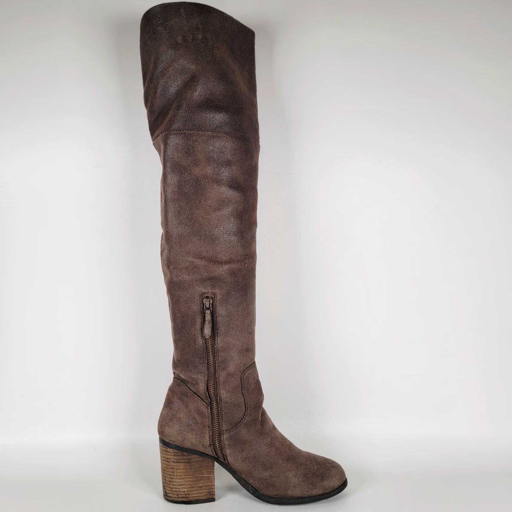Vintage Hinge Over The Knee Brown Faux Leather Grunge Boot Pull On Women's 8M Heel Western Block Styling Size US 8 / IT 38 - 7 Thumbnail