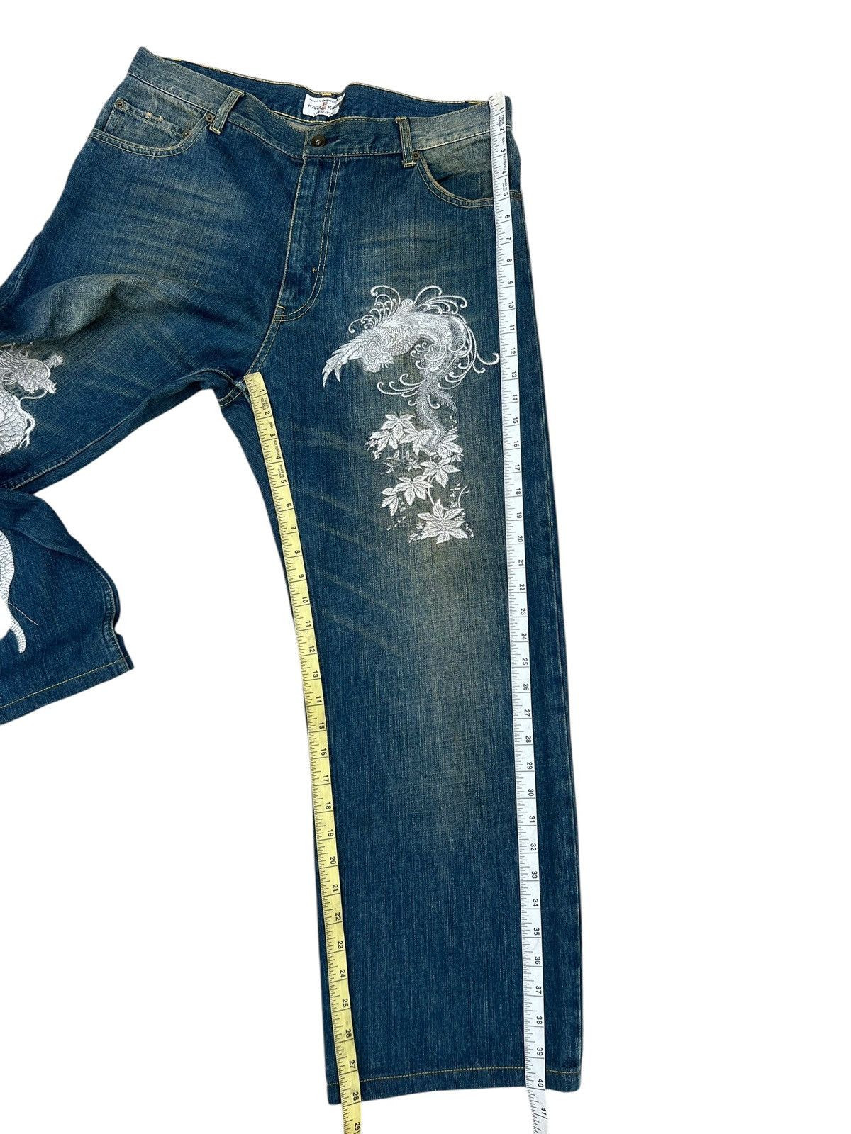 Vintage Dirty Mud Karakuri Embroidery Dragon Phoenix Denim Jeans Size US 35 - 4 Thumbnail