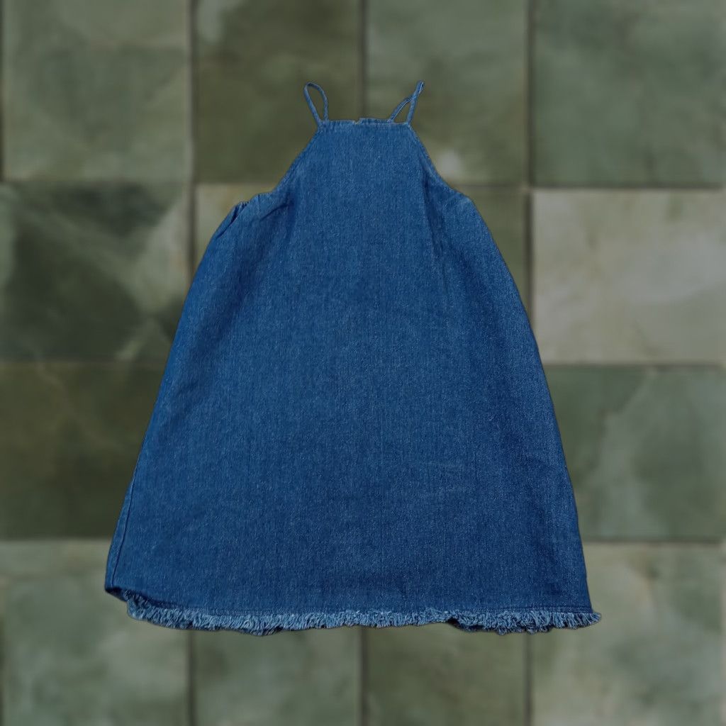 Denime J.O.A Dress Womens Mini Blue Denim Sleeveless Halter Lace Up Frayed Short Dress Medium (M) - Casual, 100% Cotton, Regular Size, Vintage No Size M / US 6-8 / IT 42-44 - 1 Thumbnail