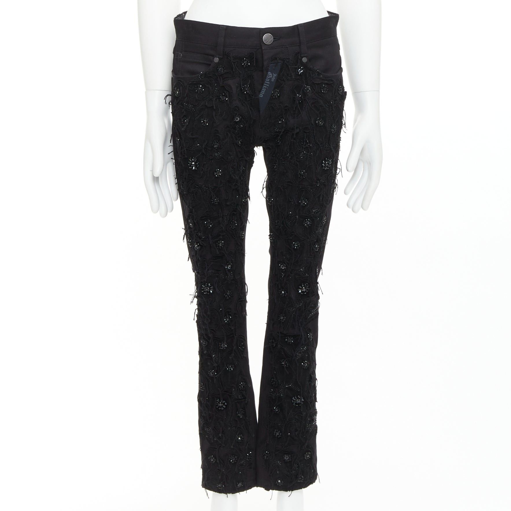 John Galliano JOHN GALLIANO black cotton floral fringe embellished bootcut jeans FR46 S Size US 28 / EU 44 - 1 Thumbnail