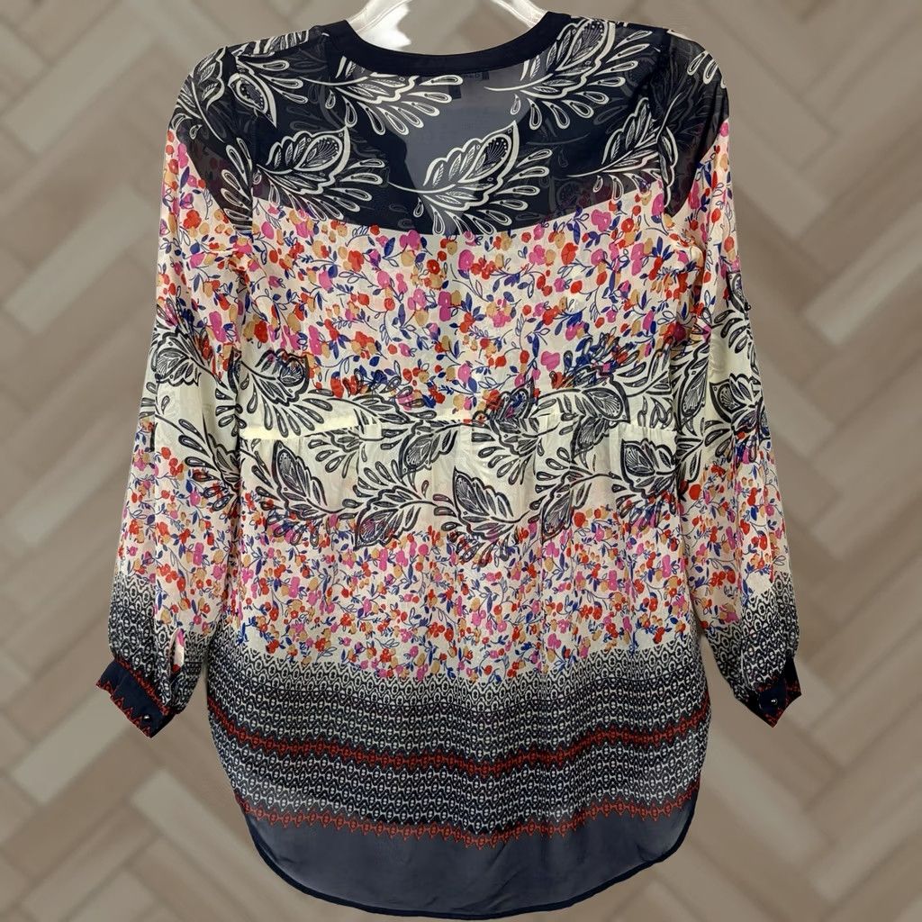Vintage Daniel Rainn Boho Floral V-Neck Blouse, Small, Navy, Oversized, Sheer, Cotton, Button Top, Bohemian, Relaxed, Spring, Summer, Fall, Size S / US 4 / IT 40 - 1 Thumbnail
